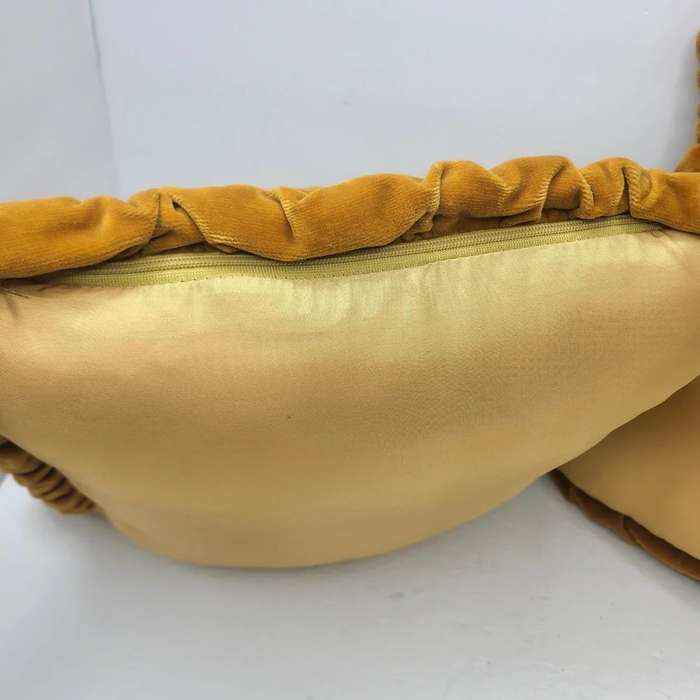 Vtg 70s Smocked Velvet Throw Pillows Pair Mustard Gold Smocking Floral Brocade 2
